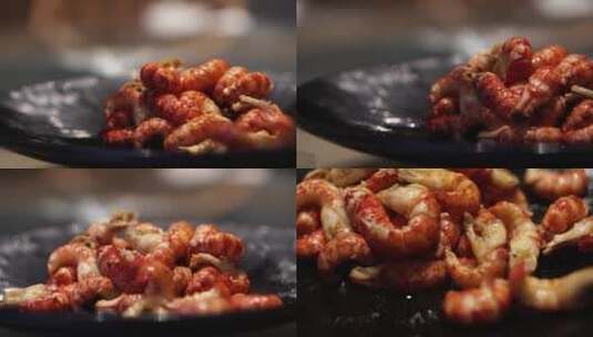 剥壳小龙虾整盘掉落虾肉诱人展示特写美食高清在线视频素材下载