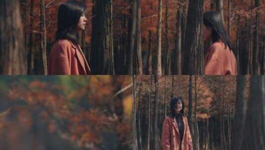 女孩在秋天树林行走慢镜头视频素材高清在线视频素材下载