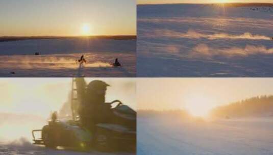 日落时骑着摩托雪橇穿过雪地高清在线视频素材下载