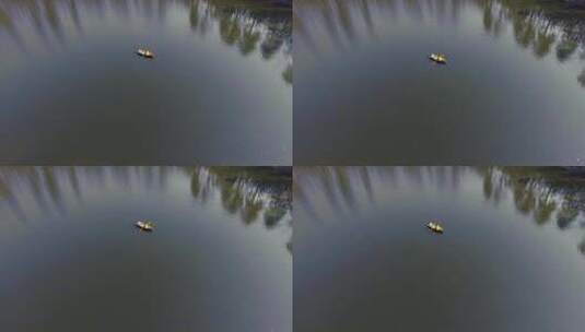 在小船上划船穿过反光湖泊高清在线视频素材下载
