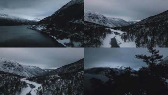 冬季群山森林湖泊冰天雪地航拍高清在线视频素材下载