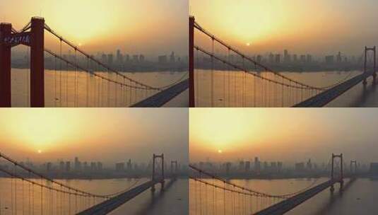 航拍鹦鹉洲长江大桥日出4k高清在线视频素材下载