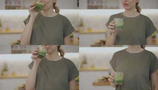 女生喝蔬菜汁高清在线视频素材下载