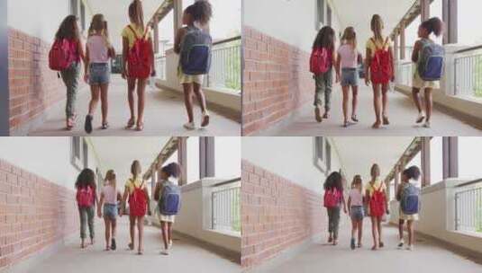 不同女孩在学校走廊散步和交谈的背影视频高清在线视频素材下载