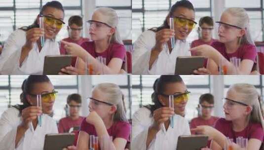 化学课上戴眼镜的女教师和学生高清在线视频素材下载