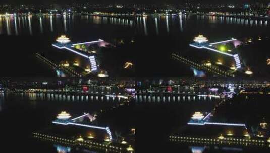 山东聊城水上明珠大剧院夜景航拍高清在线视频素材下载