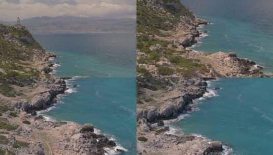 从卢特拉基附近的灯塔到蓝色爱奥尼亚海悬崖的空中倾斜高清在线视频素材下载