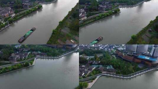 航拍京杭大运河的运输船高清在线视频素材下载
