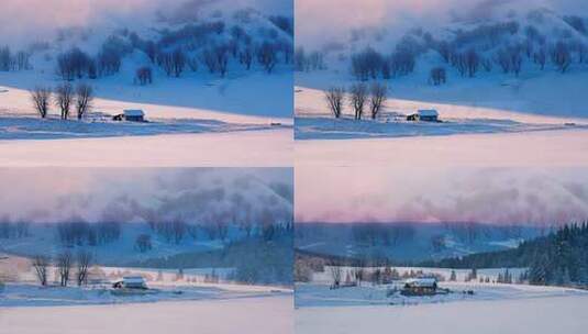 冬日小屋冬季雪景木屋雪山森林树林新疆风景高清在线视频素材下载