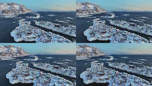 挪威罗弗敦群岛北极圈雷纳冬季雪景高空航拍高清在线视频素材下载