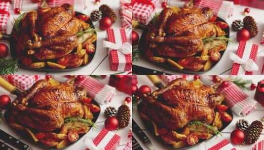 铁锅烤全鸡边上是圣诞装饰高清在线视频素材下载