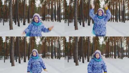 在雪后的森林中开心玩耍的女孩高清在线视频素材下载