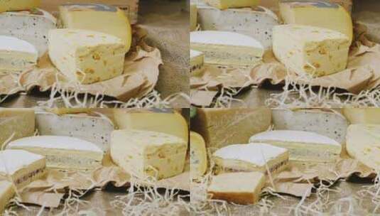 奶酪店展示的不同品种的奶酪高清在线视频素材下载