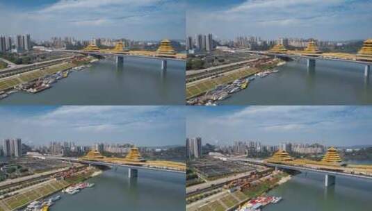 广西柳州凤凰岭大桥风雨桥金色风雨亭塔顶高清在线视频素材下载