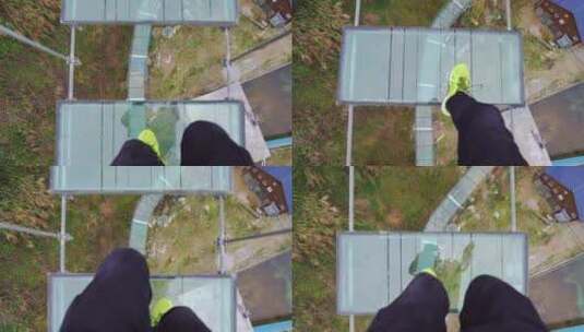 在高空玻璃桥上跑脚步特写高清在线视频素材下载