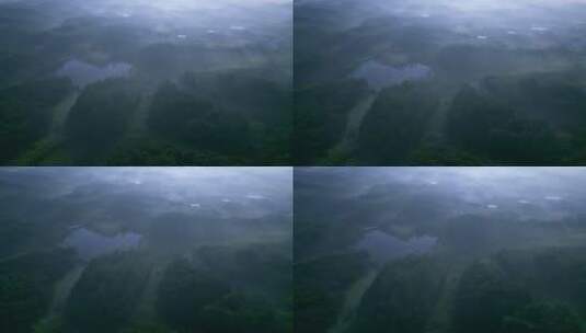 山村水塘晨雾风光航拍高清在线视频素材下载