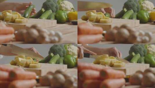 跟踪拍摄女人切菜的特写镜头高清在线视频素材下载