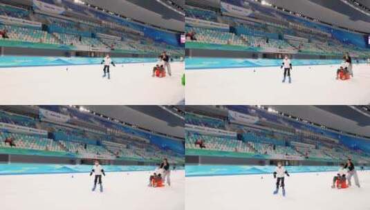 4K在“冰丝带”国家速滑馆练习滑冰的女孩高清在线视频素材下载