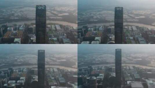 福田海关河套视频晨雾笼罩深圳长富中心大楼高清在线视频素材下载