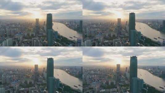 上海杨浦陆家嘴城市天际线日出4K航拍高清在线视频素材下载