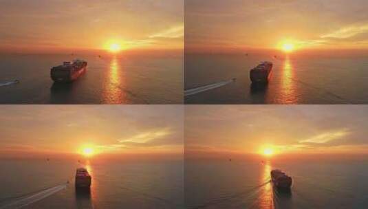 山东青岛海洋货轮货运轮船海上日出高清在线视频素材下载