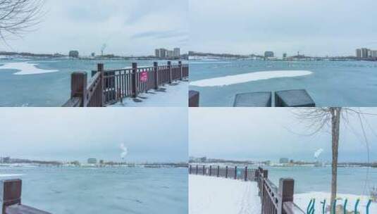 甘肃庆阳东郊湖湿地公园冬季雪景大范围延时高清在线视频素材下载