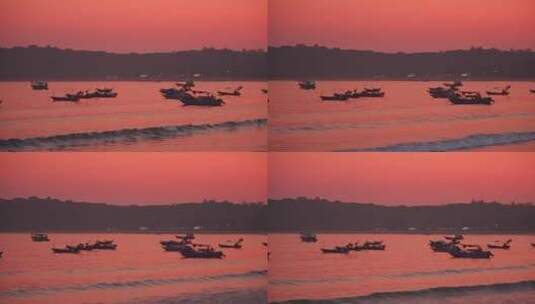 黄昏晚霞下停泊的渔船高清在线视频素材下载