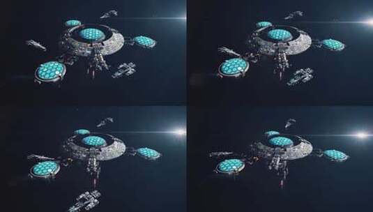 大型未来派科幻空间站 宇宙飞船接近和离开1高清在线视频素材下载