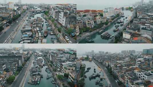 北海老城老街滨海建筑风光船只航拍高清在线视频素材下载