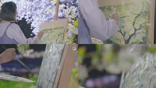 小女孩春天户外公园花园画画写生房地产广告高清在线视频素材下载