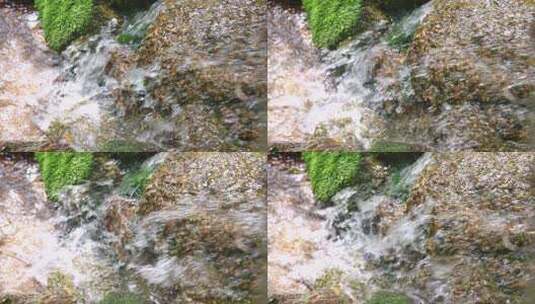 山间泉水-溪流瀑布-水流水草青苔高清在线视频素材下载