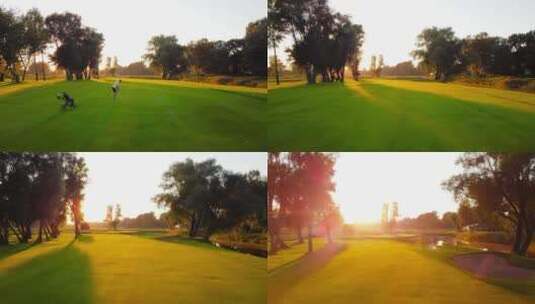 日落黄昏、男人打高尔夫球高清在线视频素材下载