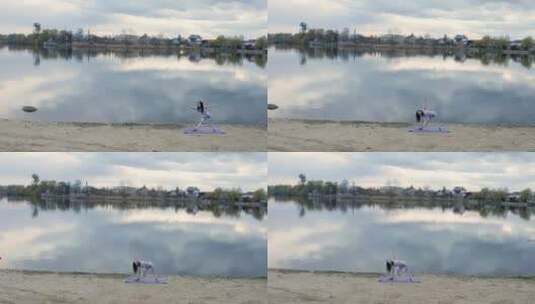 湖边练习瑜伽高清在线视频素材下载