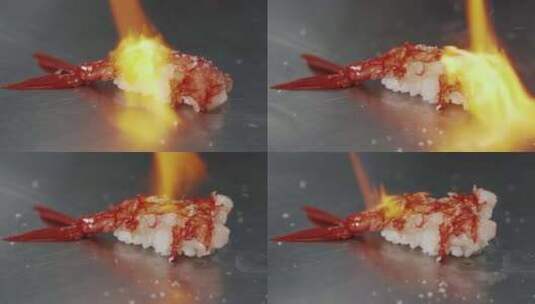 高级餐厅厨师正在制作喷枪烤虾高清在线视频素材下载