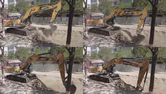 挖掘机在城市道路开挖管沟高清在线视频素材下载