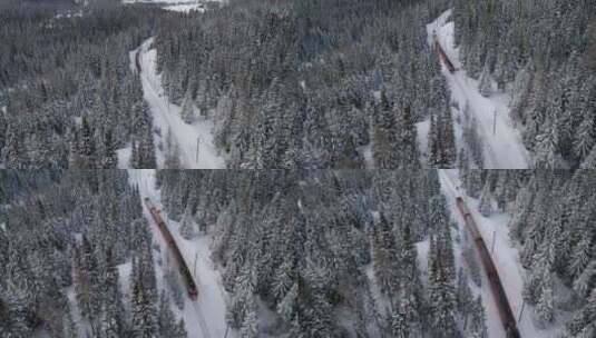 航拍火车穿过大雪后的森林高清在线视频素材下载