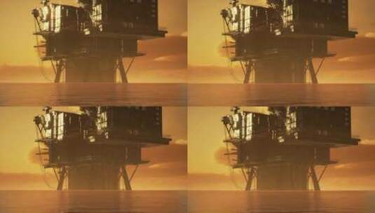 夕阳下的海上石油钻井平台高清在线视频素材下载