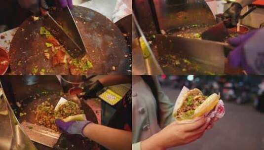 西安肉夹馍制作红烧肉好吃美食高清在线视频素材下载