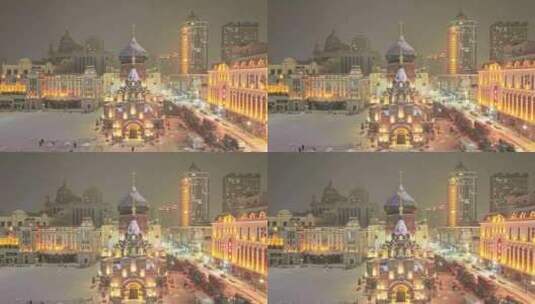 哈尔滨大教堂夜景航拍高清在线视频素材下载
