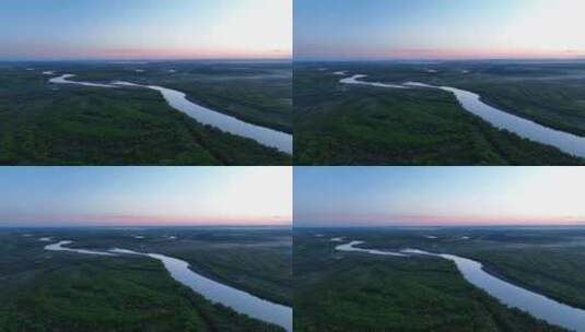 内蒙古自然风光草原晨曦河流薄雾高清在线视频素材下载