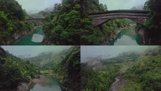 雨后峡谷云海青山绿水木拱廊桥世外桃源自然高清在线视频素材下载