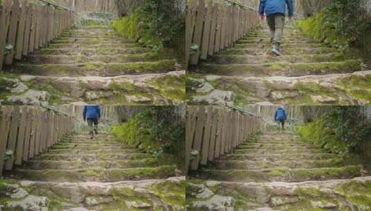 活跃的老人在户外爬上一段陡峭的旧凹凸不平高清在线视频素材下载