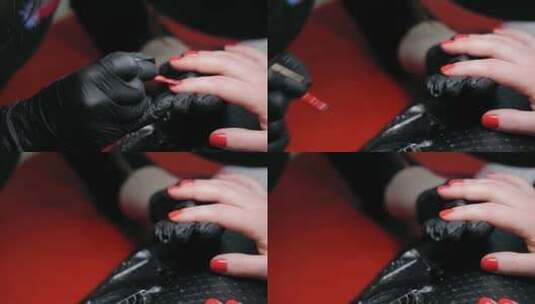 指甲技师用手套涂红指甲涂红指甲油指甲技师高清在线视频素材下载