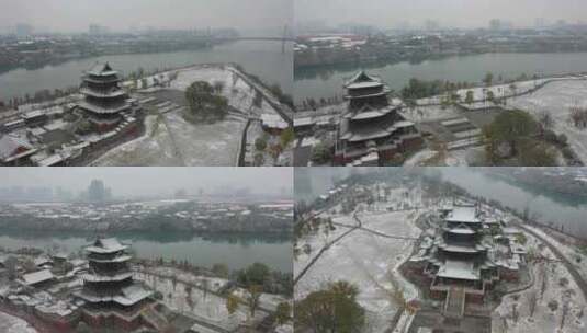 航拍衡阳市冬季雪景东洲岛雪景高清在线视频素材下载