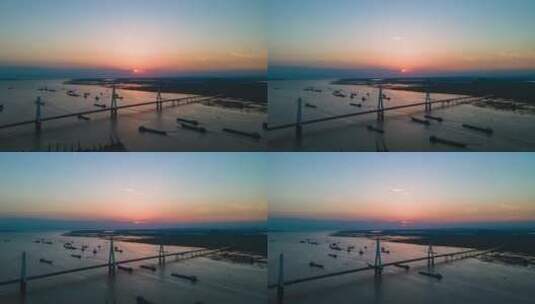航拍湖南洞庭湖大桥日落延时摄影高清在线视频素材下载