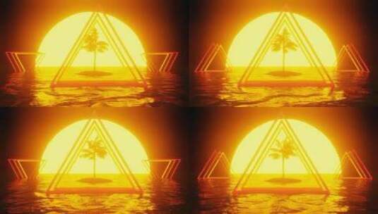 日落时棕榈岛上的浮雕VHS风格的三角形高清在线视频素材下载