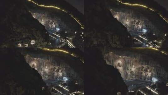 洛阳龙门石窟夜景航拍卢舍那大佛石窟遗址高清在线视频素材下载