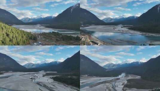 航拍西藏林芝318国道川藏线古乡村雪山高清在线视频素材下载