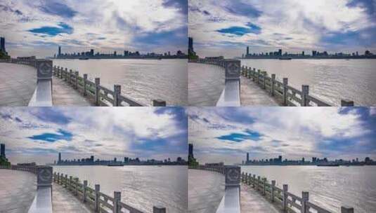 武汉城市建筑长江江面轮船日出白云蓝天延时高清在线视频素材下载