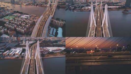 航拍傍晚霞光中的广州新洛溪大桥高清在线视频素材下载